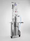 Mobile Lugaia stainless steel containment system with single-use liner and connections for safe pharmaceutical powder transfer.